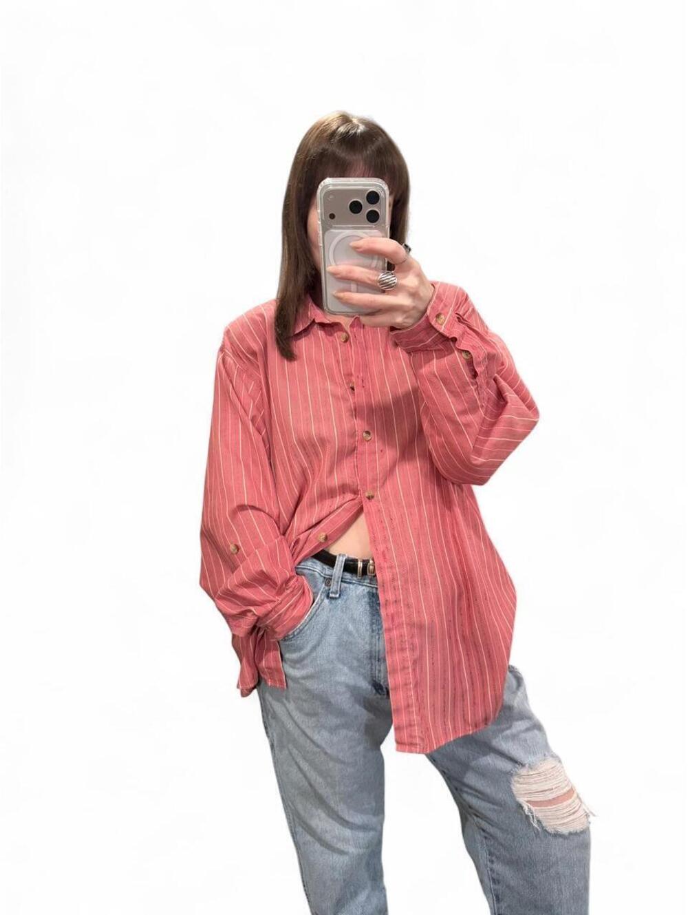 Vintage 90s Coral Striped Oversized Button Up